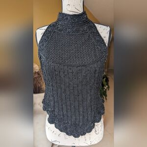 Papell Boutique 100% Silk Black Fully Beaded Mock Neck Sleeveless Evening Top